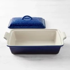Le Creuset Olive Branch Collection 4 Qt. Heritage Covered Casserole | Indigo Blue -Baking pan Shop le creuset olive branch collection heritage stoneware rect 2 c