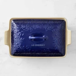 Le Creuset Olive Branch Collection 4 Qt. Heritage Covered Casserole | Indigo Blue -Baking pan Shop le creuset olive branch collection heritage stoneware rect c