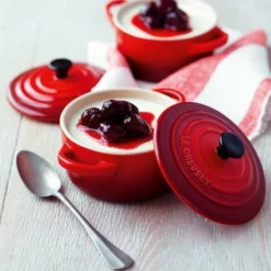 Le Creuset Mini Cocottes & Cookbook (Set Of 4) | Cerise/Cherry Red -Baking pan Shop pg1164cb 0867 le cresuset red stoneware ramekins 1
