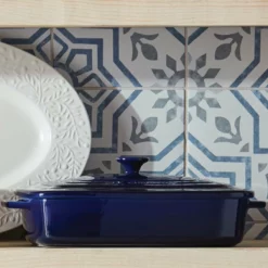 Le Creuset Olive Branch Collection 4 Qt. Heritage Covered Casserole | Indigo Blue -Baking pan Shop rs11035 lca q1 nectarindigopalette ret 1 1